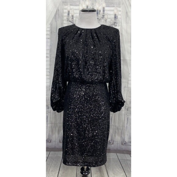 Vince Camuto dress sequined Black 3/4 Balloon Sleeve Crew Neck Sequin size 0 - Picture 3 of 15